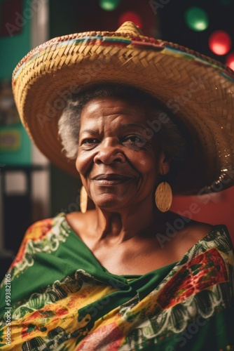 Delightful African American Black Elderly Woman celebrates Cinco de Mayo by fully immersing in Mexican culture, participating in pinata games, folk dances, and face painting (Generative AI