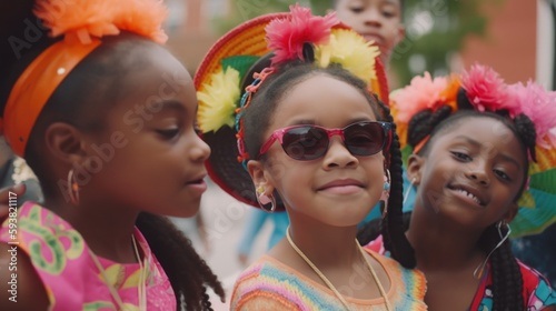 Cheerful African American Black Kids Girls Embracing Festive Mexican Culture on Cinco de Mayo with Exciting Activities like Pinatas, Folk Dancing, and Face Painting (Generative AI