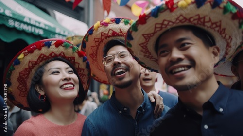 Excited Asian Men and Women Immersing in Mexican Culture during Cinco de Mayo Festivities through Fun Activities, Pinata Breaking, Folk Dancing, Face Painting (Generative AI