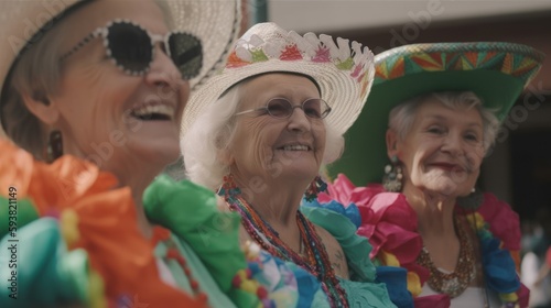 Happy Caucasian White Elderly Women joyfully immersing in Mexican culture during Cinco de Mayo celebrations with pinata smashing, traditional folk dancing, face painting (Generative AI