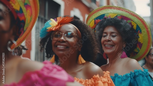 Happy African American Black Women joyfully immersing in Mexican culture during Cinco de Mayo celebrations with pinata smashing, traditional folk dancing, face painting (Generative AI