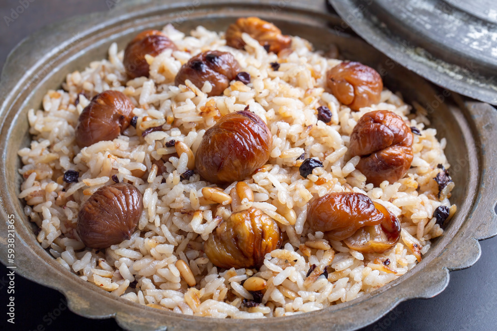 Traditional delicious Turkish food; chestnut rice pilaf (Turkish name; kestaneli pilav) Traditional delicious Turkish food; chestnut rice pilaf (Turkish name; kestaneli pilav)