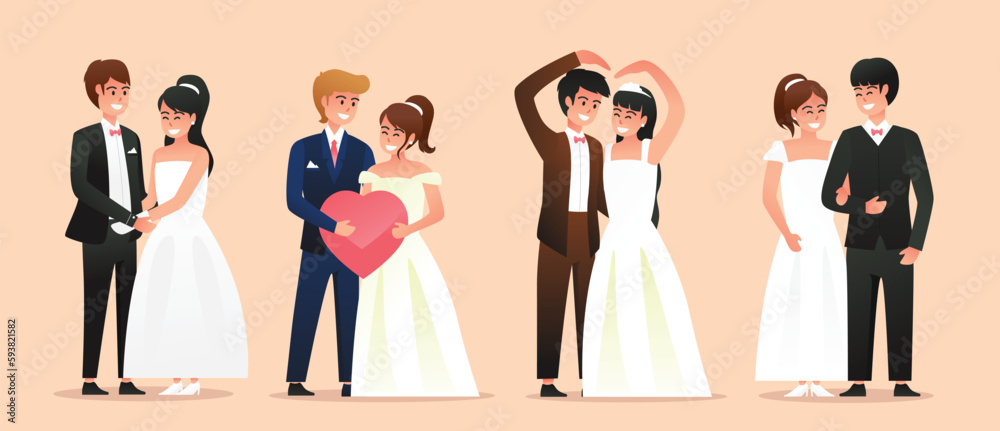 Set of Bride in white dress and Groom in suit. Couple wedding vector illustration