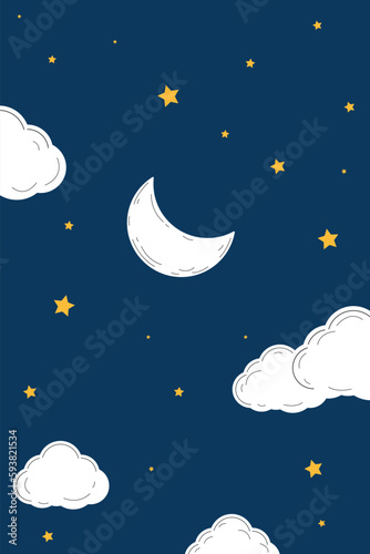night sky with stars and moon. paper art style. Dreamy background with moon stars and clouds, abstract fantasy background. Half moon, stars and clouds on the dark night sky background.