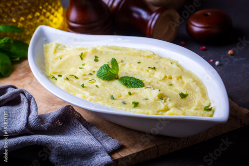 Serving of creamy mashed potato made from boiled potatoes. Turkish name; patates puresi photo