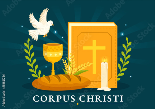 Corpus Christi Catholic Religious Holiday Vector Illustration with Feast Day, Cross, Bread and Grapes in Flat Cartoon Hand Drawn Poster Templates