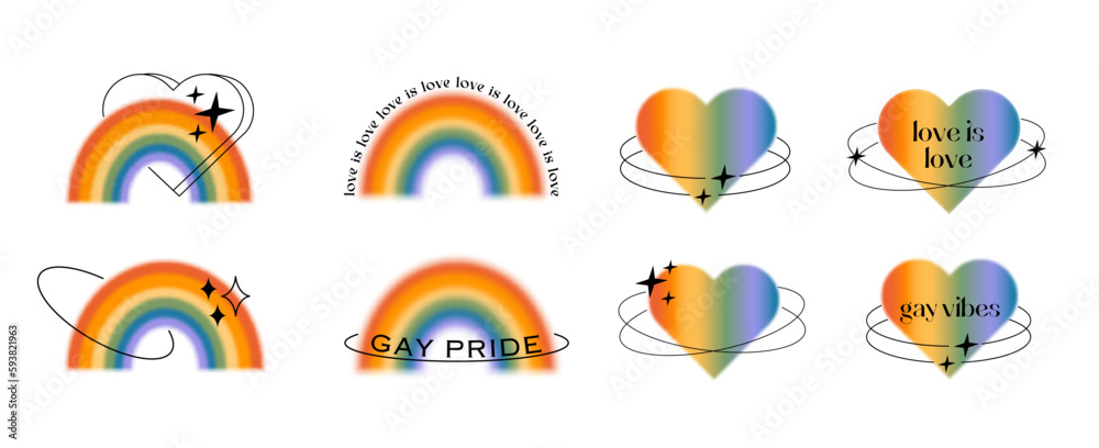 Vector set of blurry rainbows and heart aura with linear abstract shapes and retro typography. Pride month art. Queer gay love symbol logo in trendy y2k style. Minimalist gradient hearts with text.