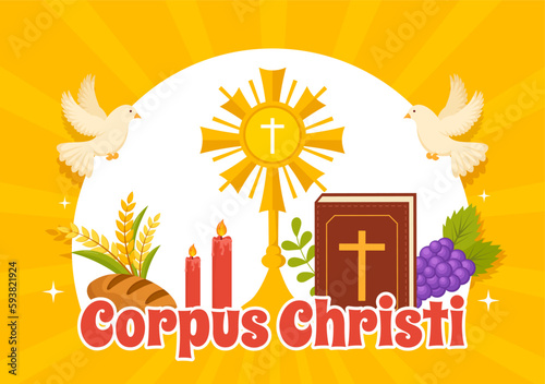 Corpus Christi Catholic Religious Holiday Vector Illustration with Feast Day, Cross, Bread and Grapes in Flat Cartoon Hand Drawn Poster Templates