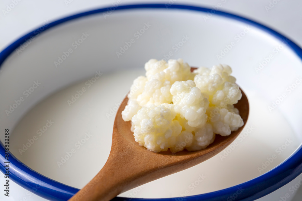 Kefir fermented milk drink with kefir grains. Homemade kefir stands in ...