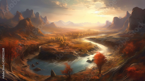 Noah Bradley Style 3D Landscape: Surreal River, Nature Harmony, and Birds Eye View - AI generated