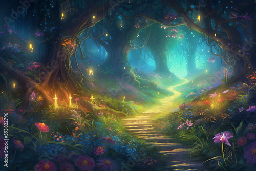 Dreamland  fantasy enchanted forest with many fireflies glowing. Fairy tale concept. Post-processed generative AI 
