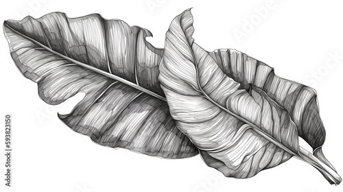 Black   White Hand Drawing Of Banana Leaves On Isolated Background  Generative Ai