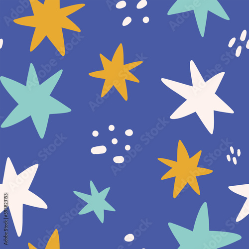 Vector hand-drawn color seamless childish simple pattern for kids with cute star. Baby pattern with night sky. Fabric design. Wallpaper. Kids room design.
