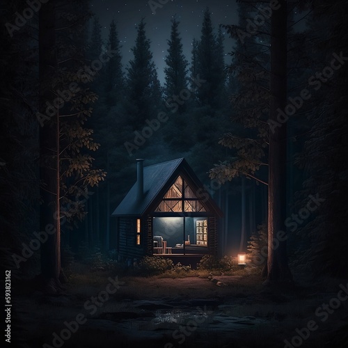Forest cabin in the dark woods at night, like a terror