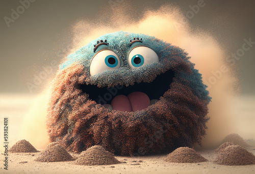 A cute smiling round dust bunny monster made of dust surrounded by piles of dust on the floor , generative ai photo