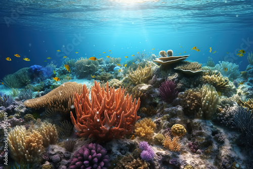 Underwater view of the coral reef. Life in tropical waters.