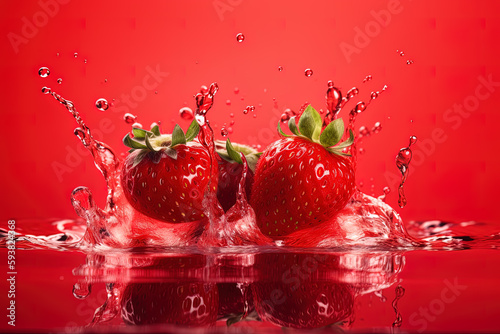 a group of strawberries splashing into strawberry juice. Created with Generative AI Technology