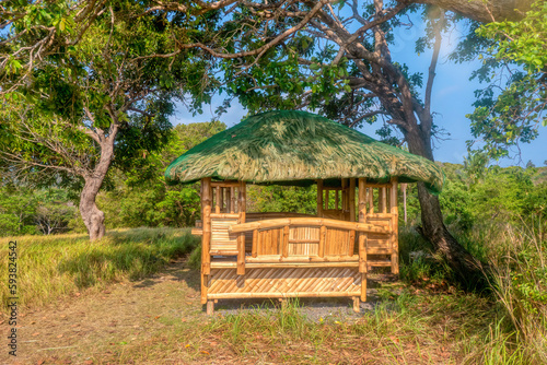 A traditional Filipino bamboo hut with a thatched roof, brand new with varnished wood, used as an outdoor covered sitting and eating area for homes or resort use. photo