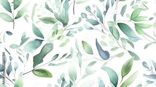 Watercolor seeded eucalyptus seamless pattern. Watercolor floral frame or border with green leaves and branches  for wedding stationary  greetings  wallpapers  fashion  background. Generative Ai