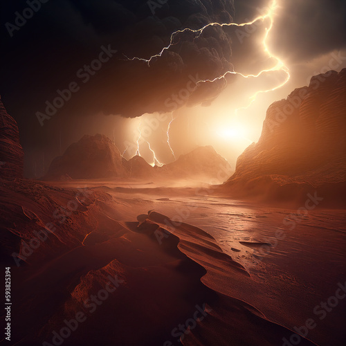 Lightning streak from a thunderstorm cloud at night in a rural setting. There are multiple lightning strikes coming from the thunderstorm