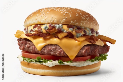 Fresh burger with pork and beef cutlet, Cheddar cheese, sun-dried tomato, Bulgarian grilled pepper, lettuce mix isolated on white background. Ai generative.
