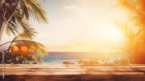 Wooden table with blur background. Blurred Summer Background Free Space 