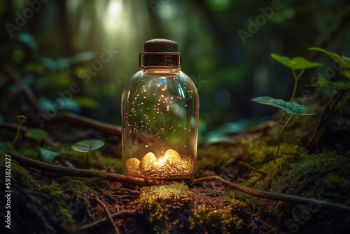 There is a bottle containing fireflies on the rocks of AI Forest