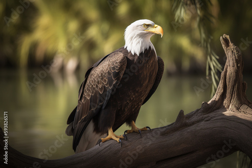 an eagle perched on top of a tree branch. Created with Generative AI Technology