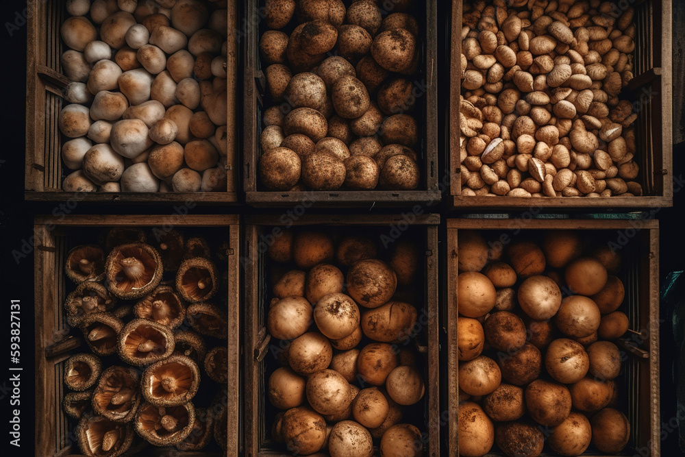 There are all kinds of fresh mushrooms in the vegetable basket There are all kinds of fresh mushrooms in the vegetable basket