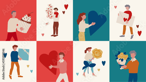 婚活・ラブレターなど愛を送り合う男女のヘッダーベクターイラスト素材 Header vector flat illustration of a man and woman sending each other love letters, etc.