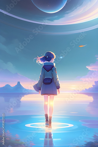 anime girl walking on water, ripples, backdrop of dawn, saturn in the background, illustration, concept art, anime, key visual, girl in the space, person on the moon, Generative AI