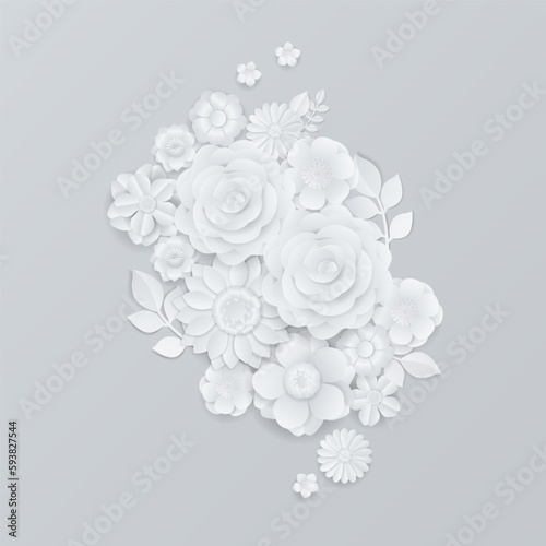 White paper flowers wreath on gray background