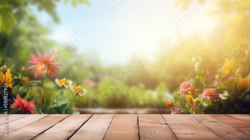 Empty wooden table with blur background. Blurred Summer Background Free Space 