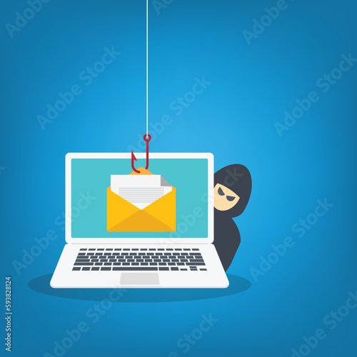 Email data phishing. Cyber thief hide behind Laptop computer. Hacking concept. Vector illustration