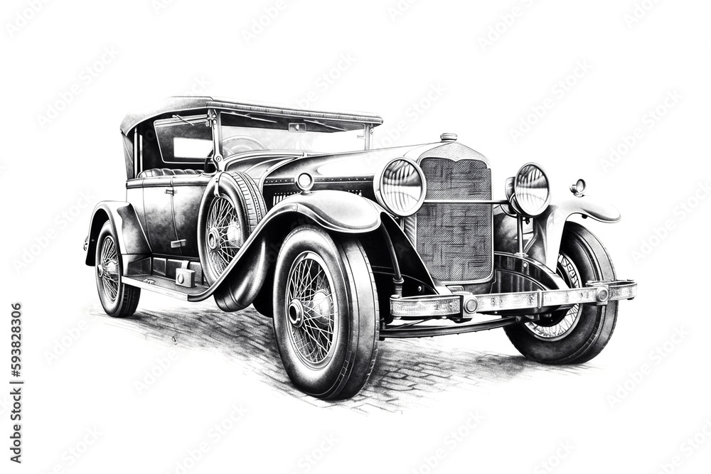 Fototapeta premium Illustration of a black and white sketch of classic car, AI-Generated image.