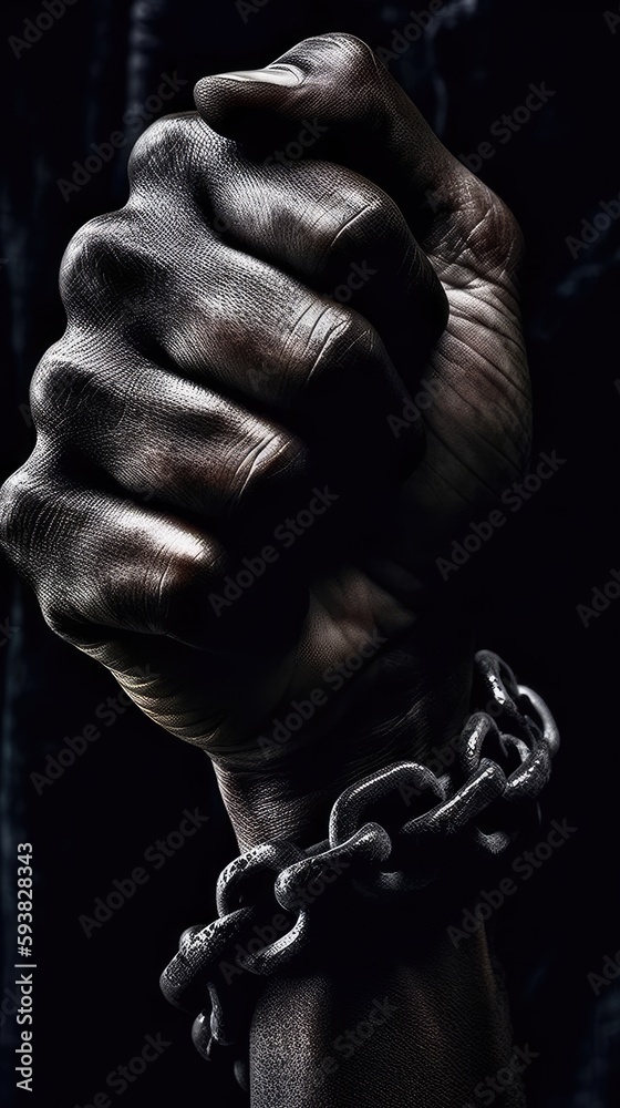 A Low-Key Photography of a Raised Fist in chains. Gen AI