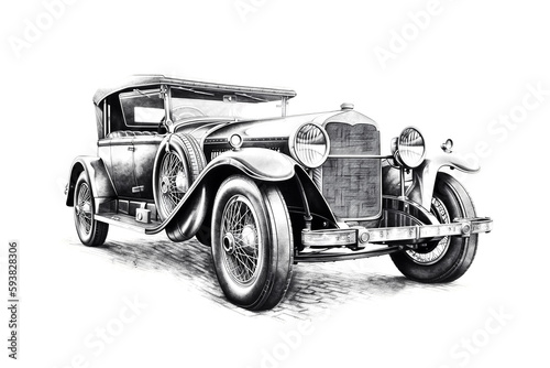 Illustration of a black and white sketch of classic car, AI-Generated image.