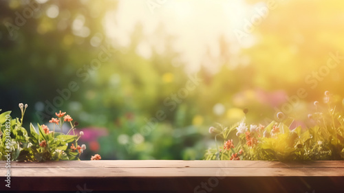 Summer empty wooden table with blur background. Blurred Summer Background Free Space  © roeum