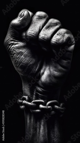 A Low-Key Photography of a Raised Fist in chains. Gen AI