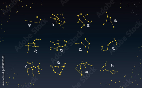 黄道12星座の星座線と手描きシンボルマークの描かれた星空のアイコンイラスト