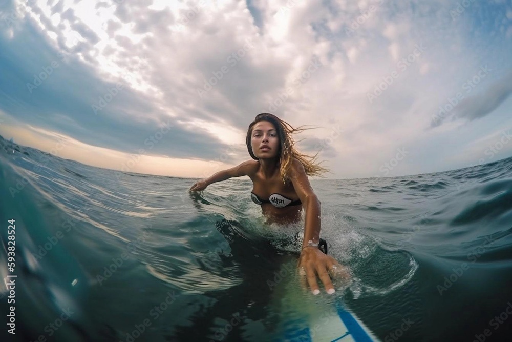 Beautiful girl surfer in the water in motion, she is overwhelmed with emotions. Extreme sport. Go pro wide angle shot. Ai generated