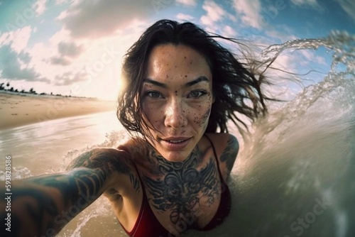 Beautiful girl surfer in the water in motion, she is overwhelmed with emotions. Extreme sport. Go pro wide angle shot. Ai generated