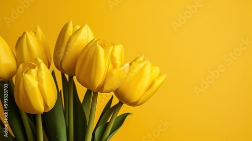 Yellow tulip bouquet  spring flowers on a pastel light yellow background with copy space. Mother   s day  Easter  Valentine   s Day  international women   s day  Generative AI