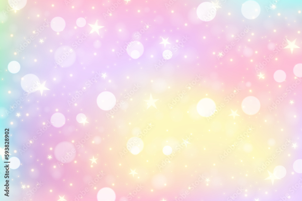 Obraz premium Rainbow unicorn background. Pastel gradient color sky with glitter. Magic galaxy space and stars. Vector abstract pattern.