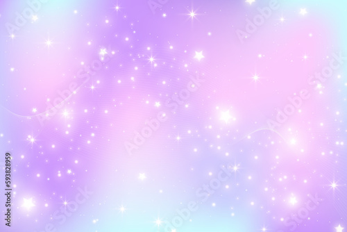 Rainbow unicorn background. Pastel gradient color sky with glitter stars. Magic pink galaxy space. Vector fairy abstract pattern.