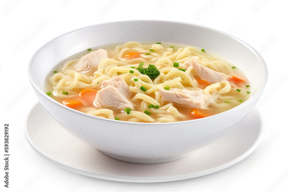 A bowl of chicken noodle soup with vegetables and egg A bowl of chicken noodle soup with vegetables and egg