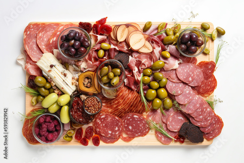 A board of different types of charcuterie with olives
