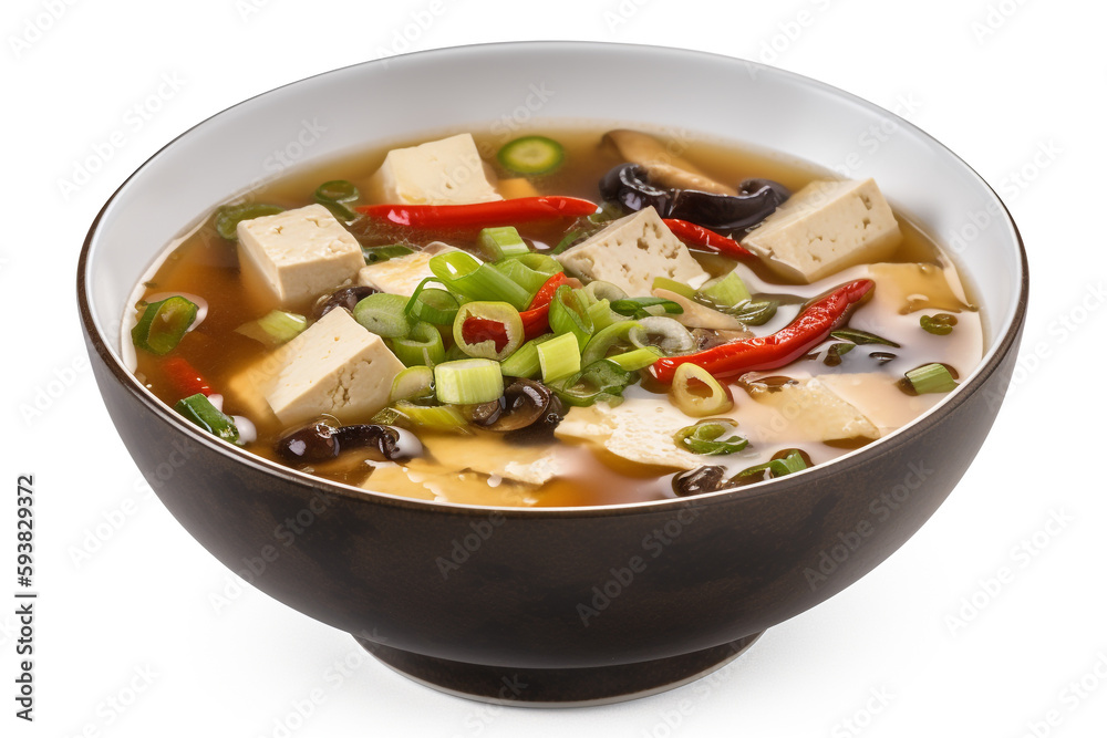 A bowl of hot and sour soup with tofu and vegetables