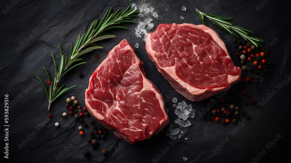 Gourmet Delights: Raw Steaks on Dark Shale Background for Culinary Inspirations. created with Generative AI