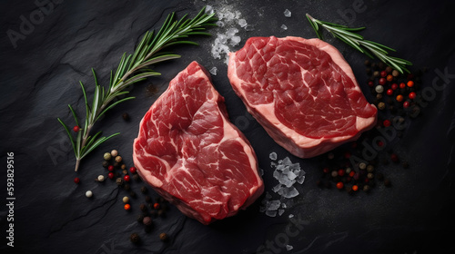 Gourmet Delights: Raw Steaks on Dark Shale Background for Culinary Inspirations. created with Generative AI